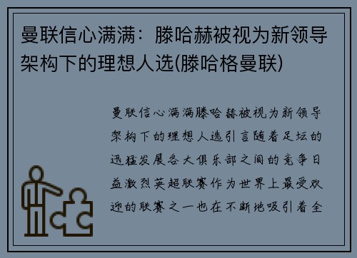 曼联信心满满：滕哈赫被视为新领导架构下的理想人选(滕哈格曼联)