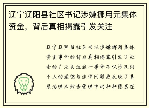 辽宁辽阳县社区书记涉嫌挪用元集体资金，背后真相揭露引发关注