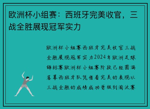 欧洲杯小组赛：西班牙完美收官，三战全胜展现冠军实力