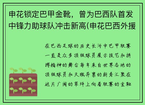 申花锁定巴甲金靴，曾为巴西队首发中锋力助球队冲击新高(申花巴西外援)