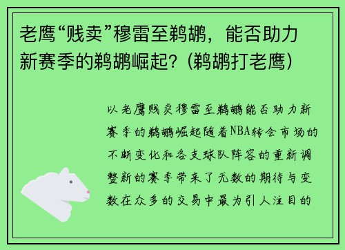 老鹰“贱卖”穆雷至鹈鹕，能否助力新赛季的鹈鹕崛起？(鹈鹕打老鹰)