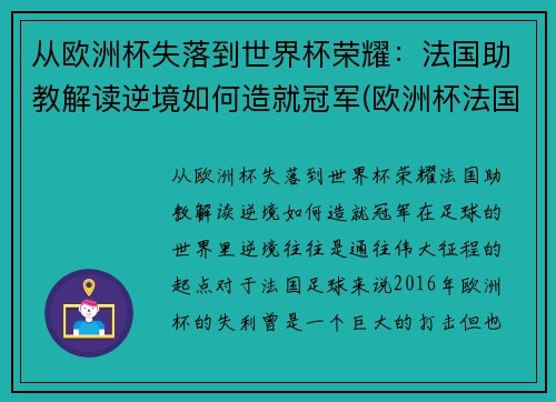 从欧洲杯失落到世界杯荣耀：法国助教解读逆境如何造就冠军(欧洲杯法国队冠军)