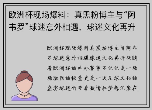 欧洲杯现场爆料：真黑粉博主与“阿韦罗”球迷意外相遇，球迷文化再升级